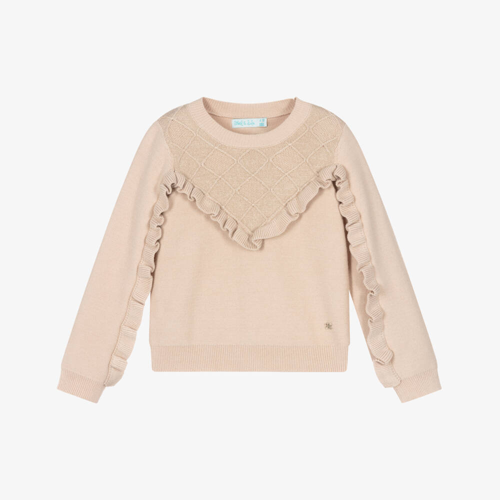 Abel & Lula-Girls Beige Viscose Ruffle Detail Sweater | Childrensalon Outlet