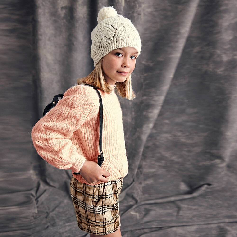 Abel & Lula-Girls Beige Wool Check Shorts  | Childrensalon Outlet