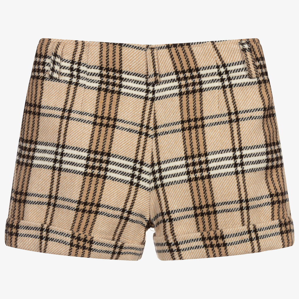 Abel & Lula-Girls Beige Wool Check Shorts  | Childrensalon Outlet