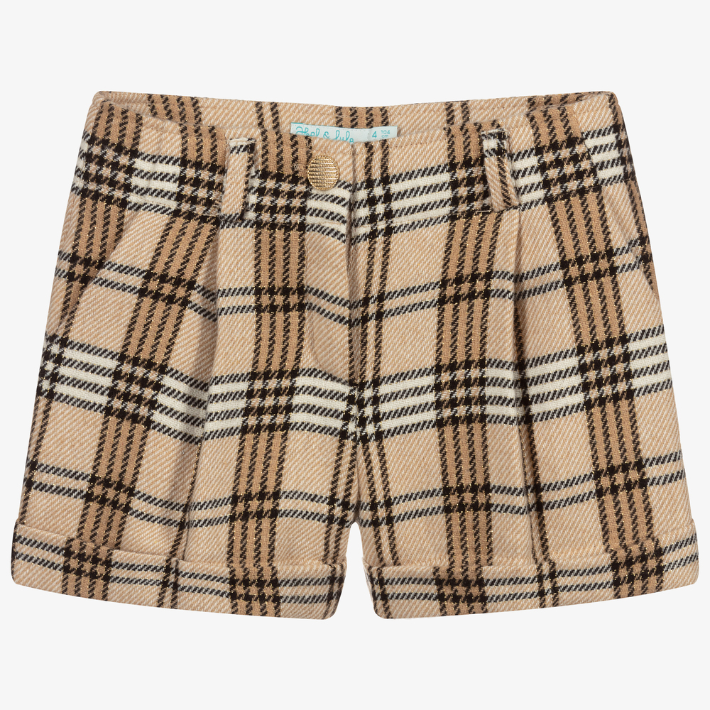 Abel & Lula - Girls Beige Wool Check Shorts  | Childrensalon