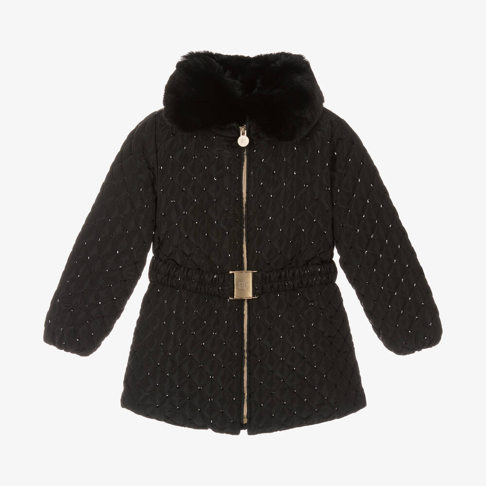 Abel & Lula - Girls Black Diamond-Quilted Sequin Coat | Childrensalon