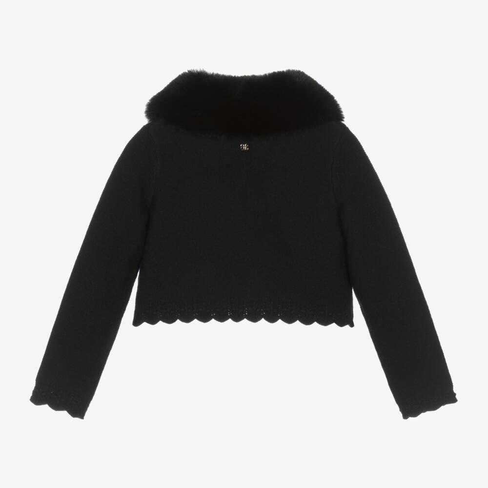 Abel & Lula-Girls Black Faux Fur Collar Cardigan | Childrensalon Outlet