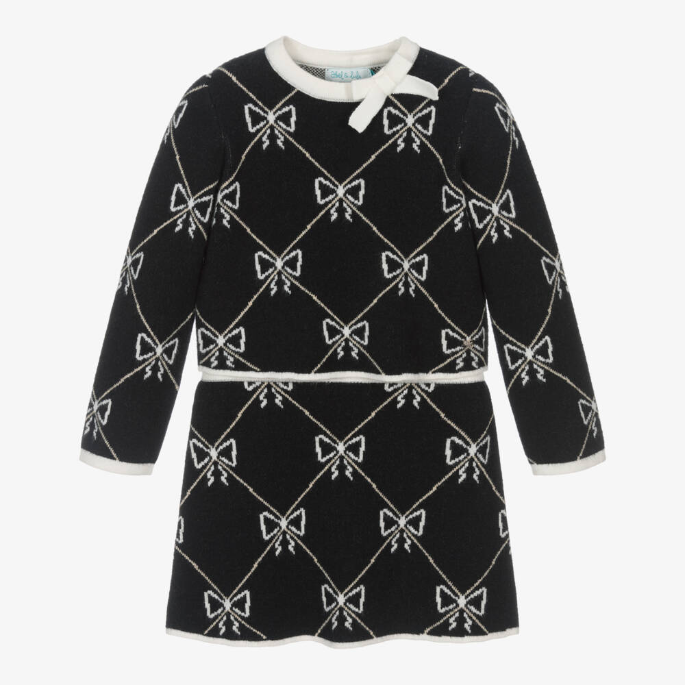 Abel & Lula-طقم تنورة محبوكة سوداء للبنات مع فيونكة | Childrensalon Outlet