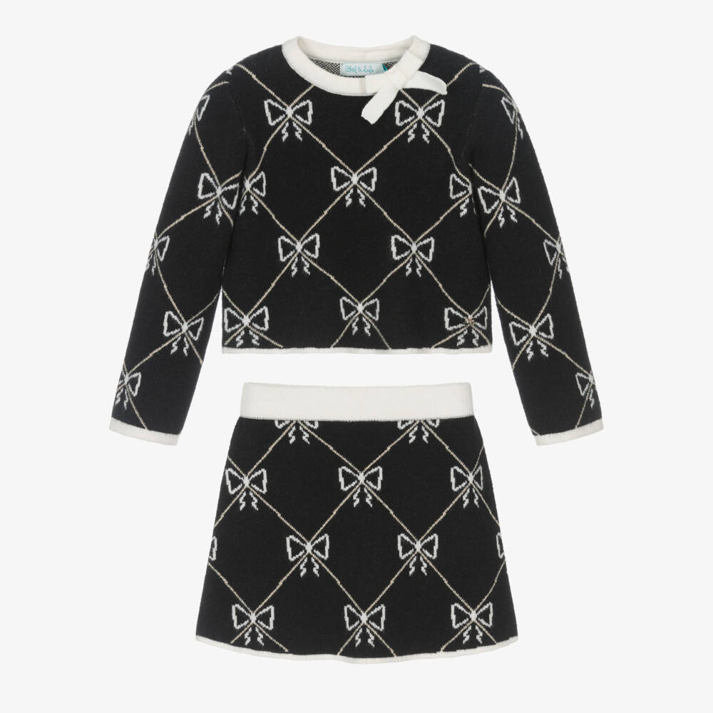 Abel & Lula-طقم تنورة محبوكة سوداء للبنات مع فيونكة | Childrensalon Outlet
