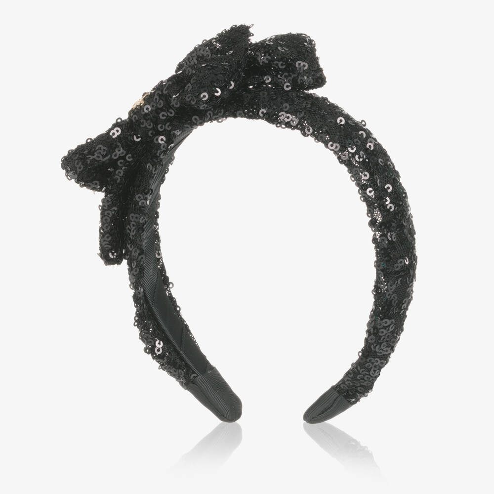 Abel & Lula-Girls Black Sequinned Tulle Bow Hairband with Logo Charm | Childrensalon Outlet