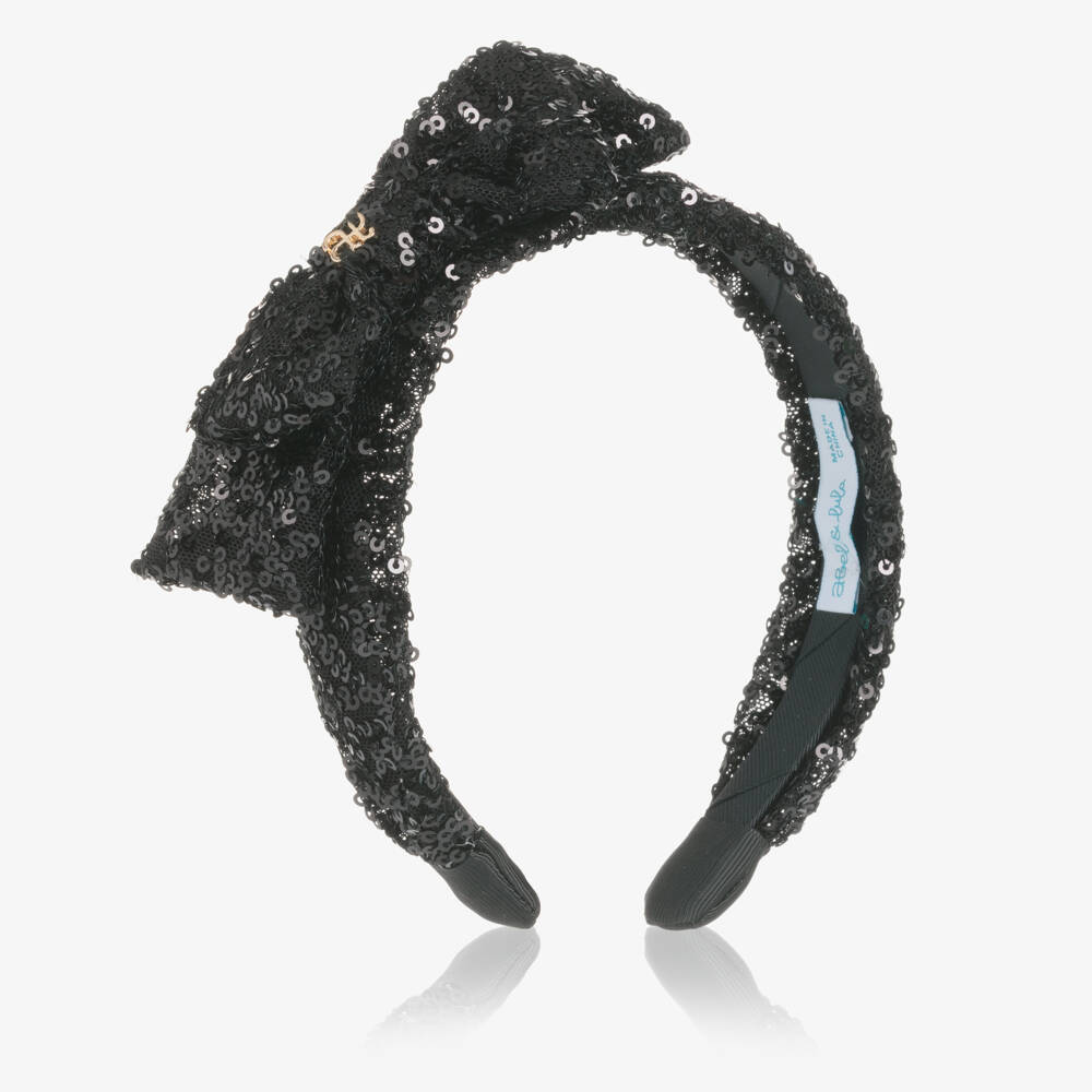 Abel & Lula-Girls Black Sequinned Tulle Bow Hairband with Logo Charm | Childrensalon Outlet