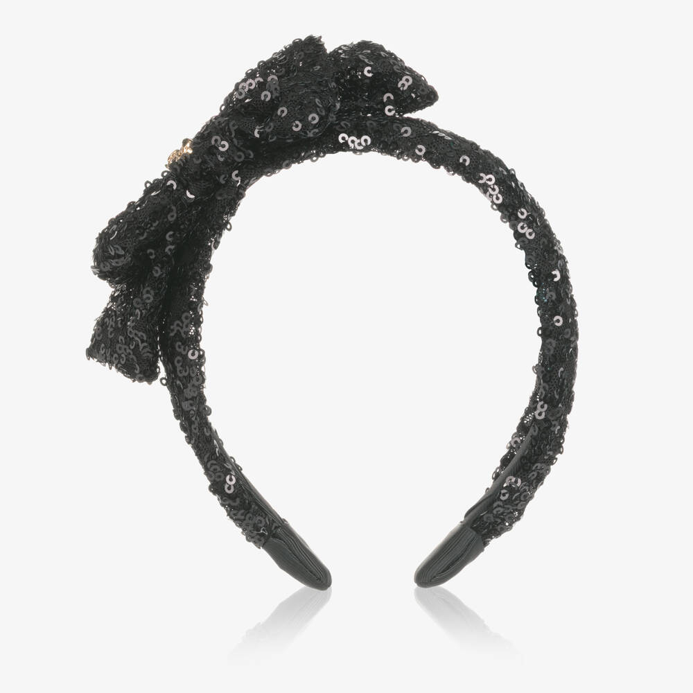 Abel & Lula-Girls Black Sequinned Tulle Bow Hairband with Logo Charm | Childrensalon Outlet