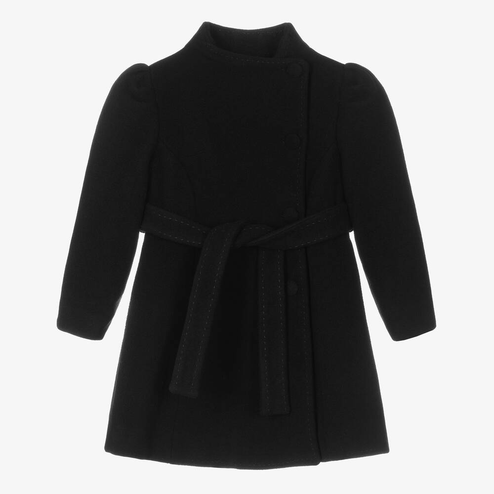 Abel & Lula - Girls Black Wool Belted Coat | Childrensalon