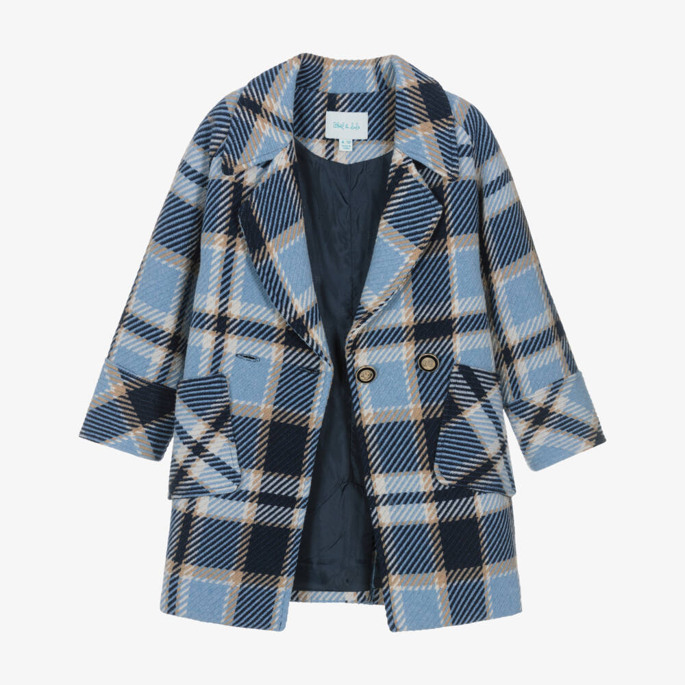 Abel & Lula-Girls Blue & Beige Check Doubled Breasted Coat | Childrensalon Outlet