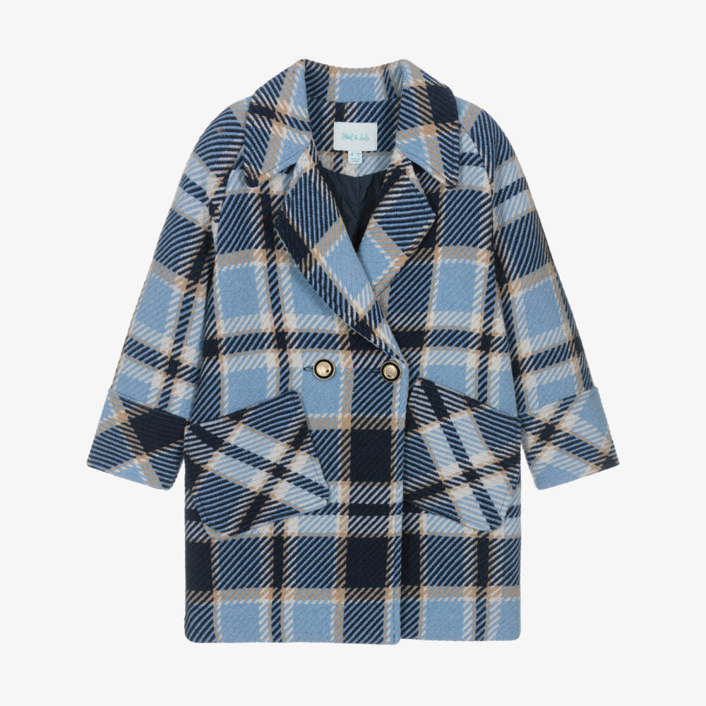 Abel & Lula-Girls Blue & Beige Check Doubled Breasted Coat | Childrensalon Outlet