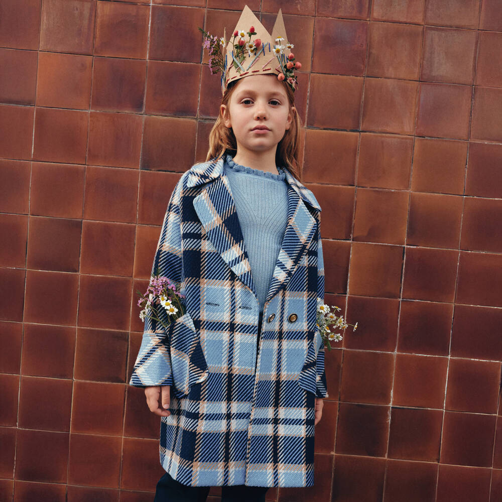 Abel & Lula-Girls Blue & Beige Check Doubled Breasted Coat | Childrensalon Outlet