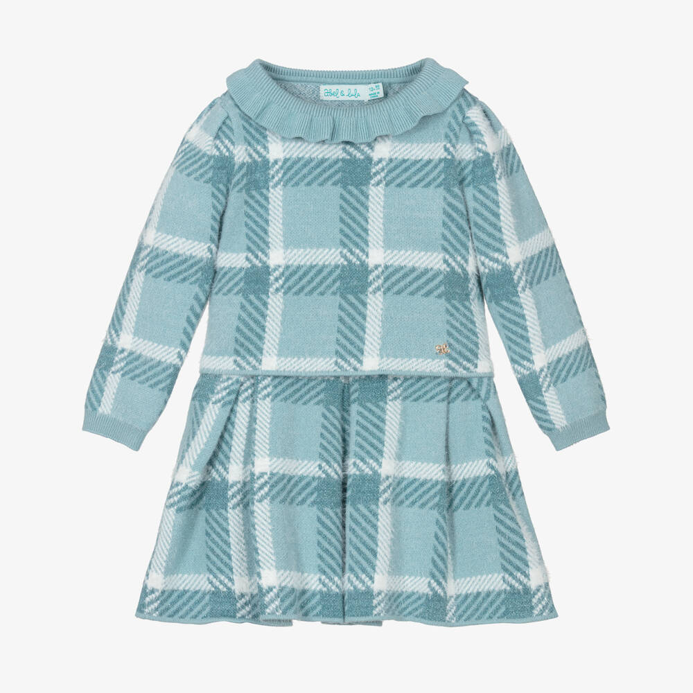 Abel & Lula-Girls Blue Check Knit Skirt Set | Childrensalon Outlet