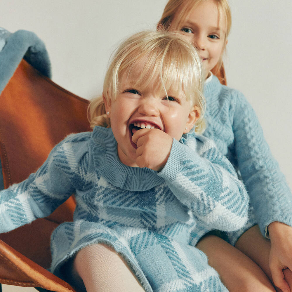 Abel & Lula-Girls Blue Check Knit Skirt Set | Childrensalon Outlet