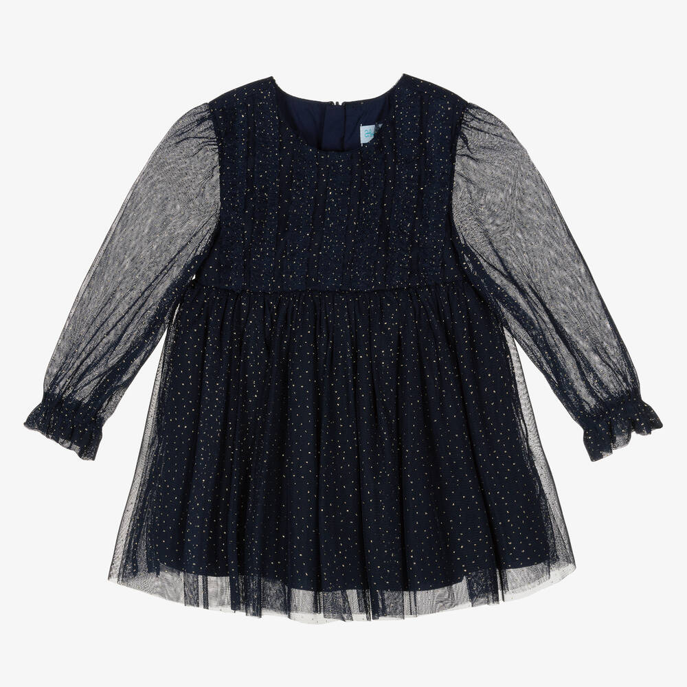 Abel & Lula - Girls Blue & Gold Glitter Tulle Dress | Childrensalon