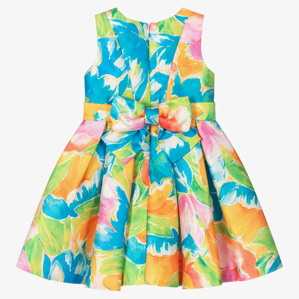 Abel & Lula-فستان ساتان لون أزرق وبرتقالي بطبعة ورود | Childrensalon Outlet