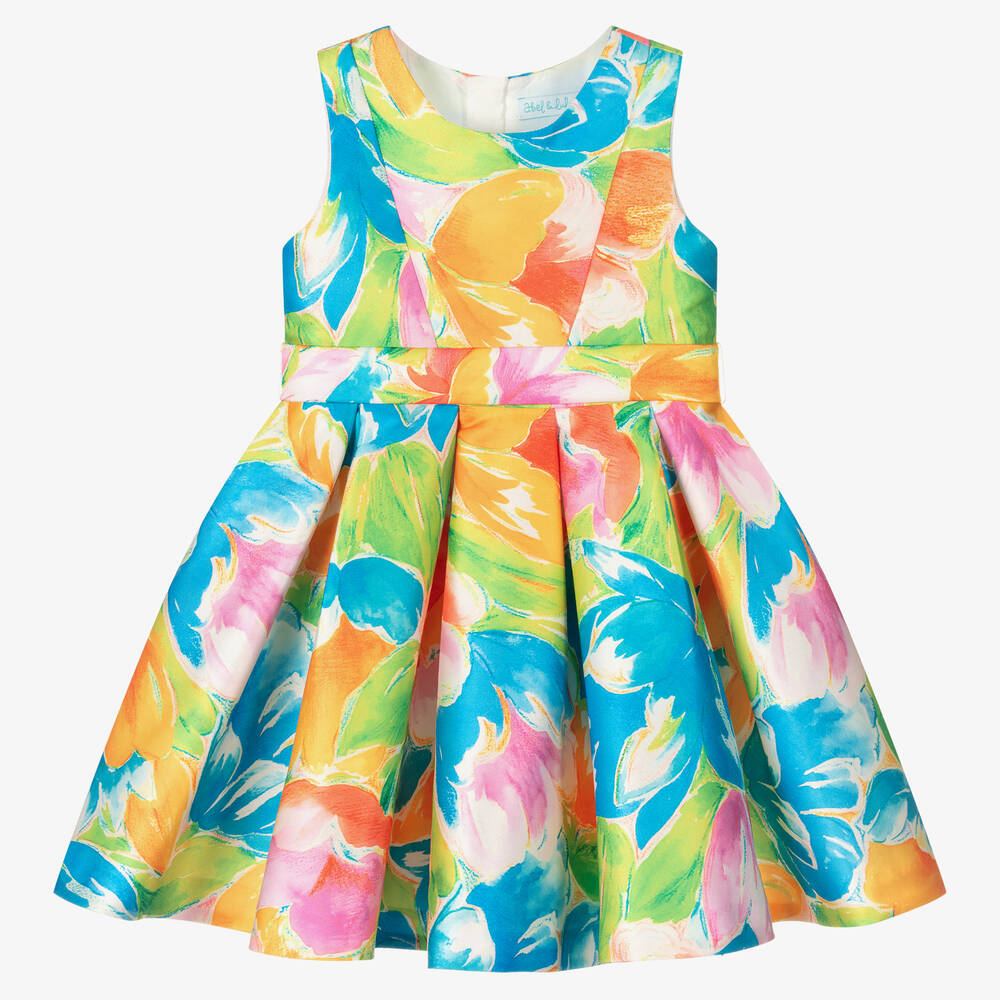 Abel & Lula - Girls Blue & Orange Floral Satin Dress | Childrensalon