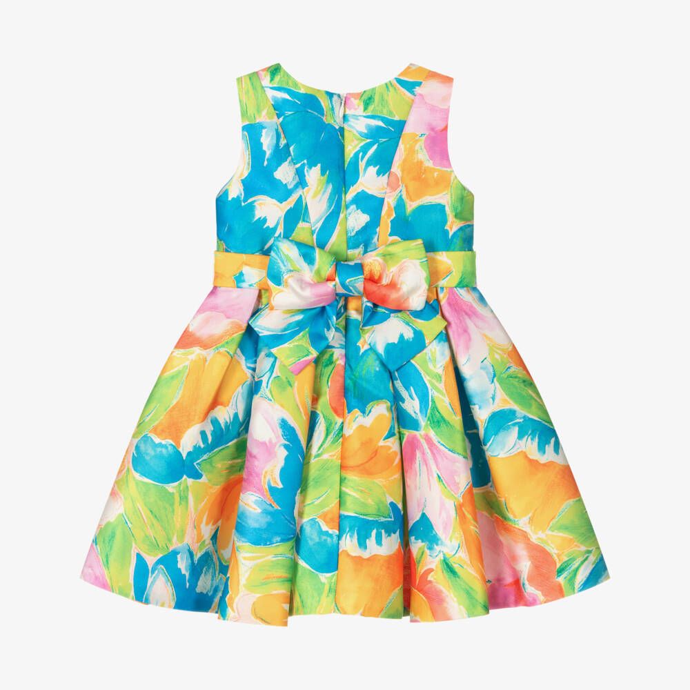Abel & Lula-Girls Blue & Orange Floral Satin Dress | Childrensalon Outlet