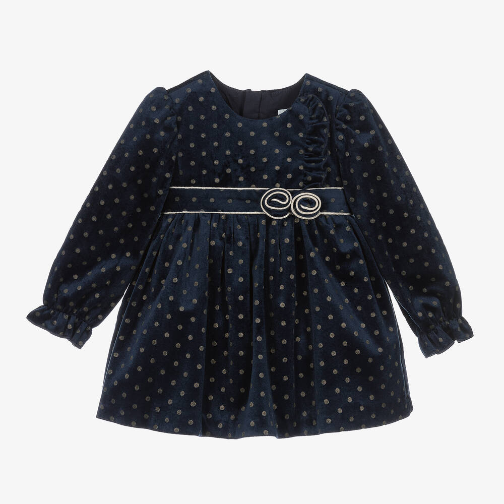 Abel & Lula - Girls Blue Polka Dot Velvet Dress | Childrensalon