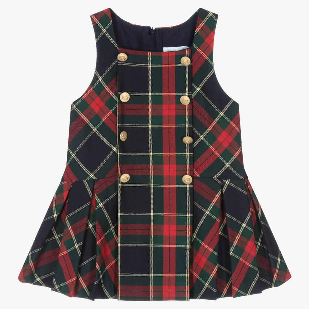 Abel & Lula - Girls Blue & Red Tartan Pinafore Dress | Childrensalon