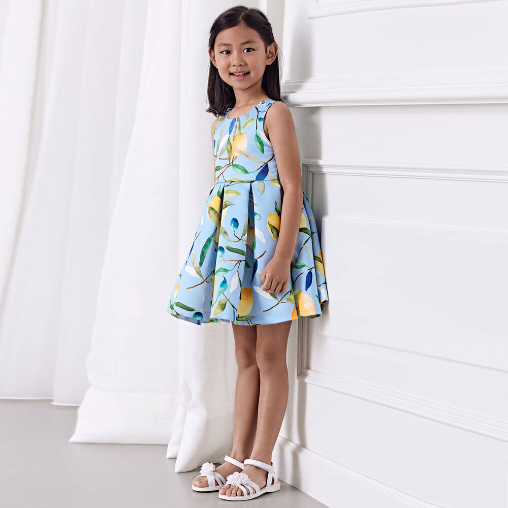 Abel & Lula-Girls Blue Satin Lemon Print Dress | Childrensalon Outlet