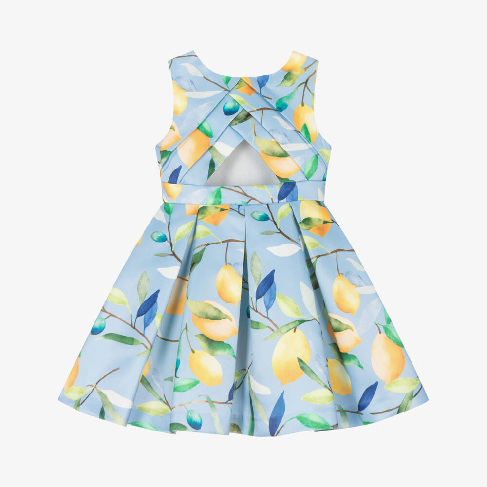 Abel & Lula-Girls Blue Satin Lemon Print Dress | Childrensalon Outlet