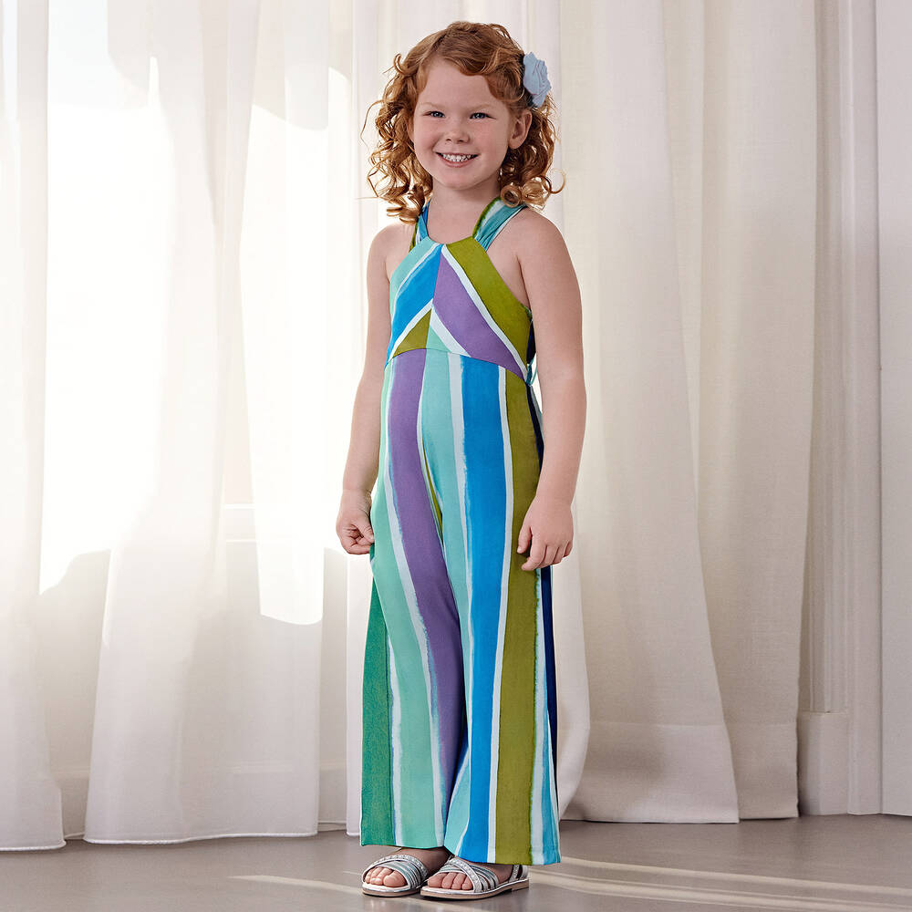 Abel & Lula-Girls Blue Stripe Satin Jumpsuit | Childrensalon Outlet