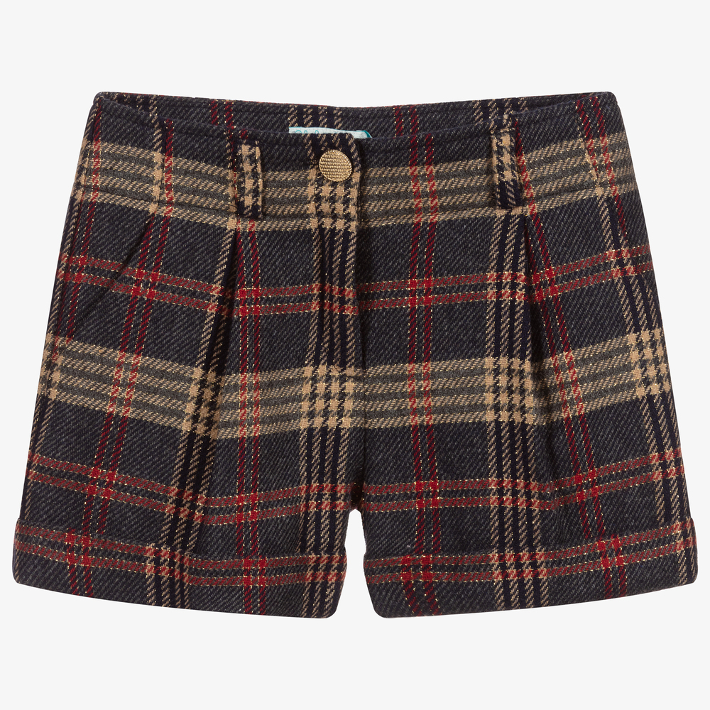 Abel & Lula - Girls Blue Wool Check Shorts   | Childrensalon