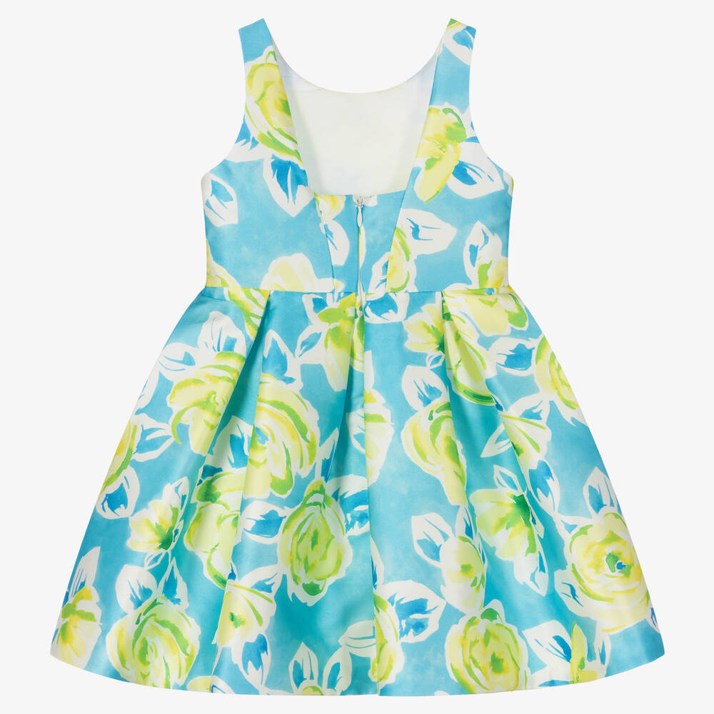 Abel & Lula-فستان ساتان لون أصفر وأزرق بطبعة ورود | Childrensalon Outlet