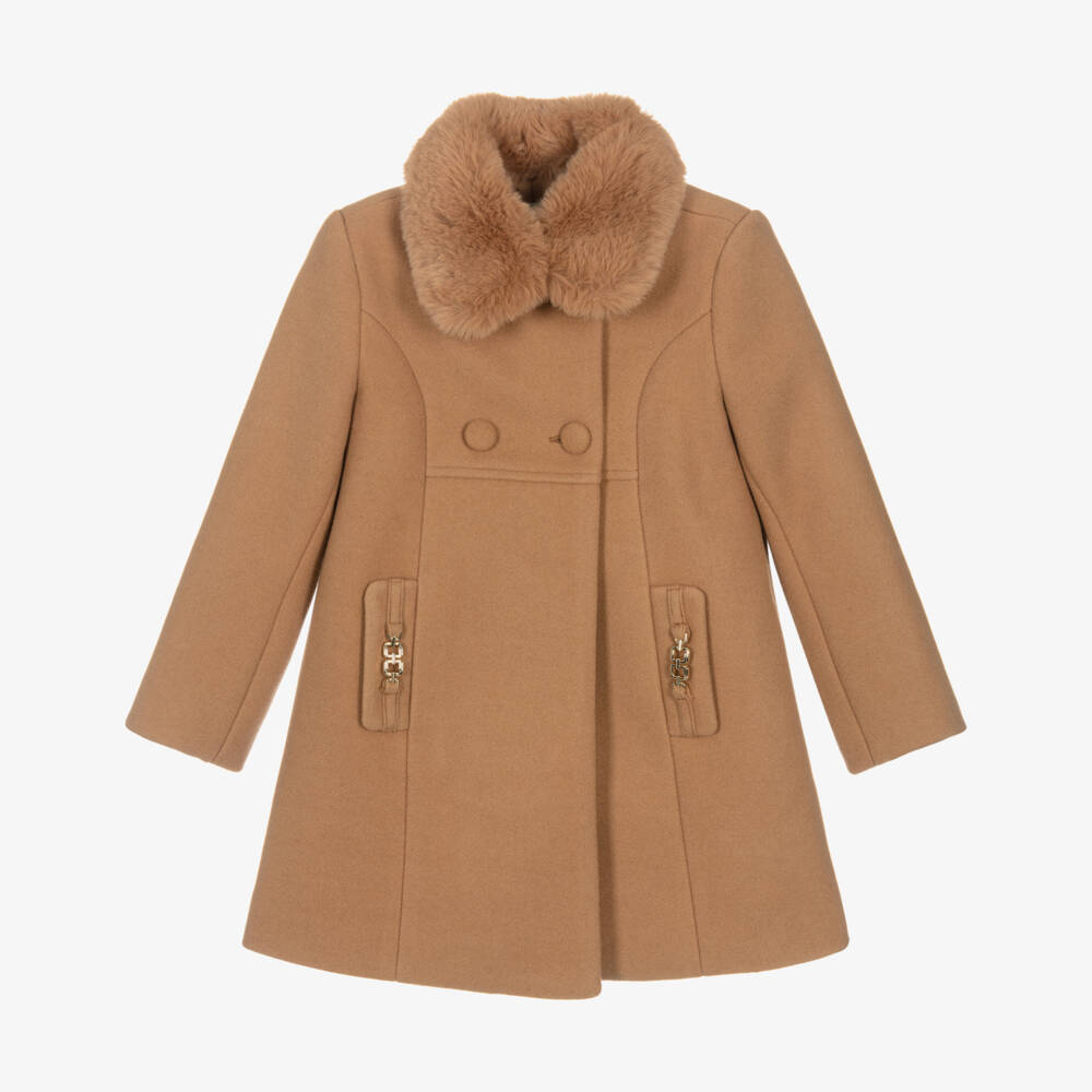 Abel & Lula-Girls Camel Brown Coat with Faux Fur Collar | Childrensalon Outlet