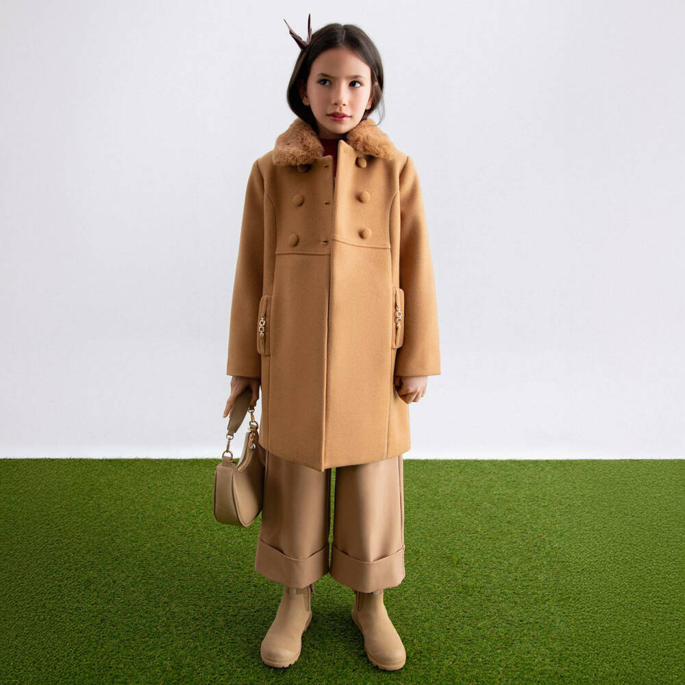 Abel & Lula-Girls Camel Brown Coat with Faux Fur Collar | Childrensalon Outlet