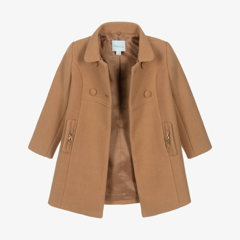 Abel & Lula-Girls Camel Brown Coat with Faux Fur Collar | Childrensalon Outlet