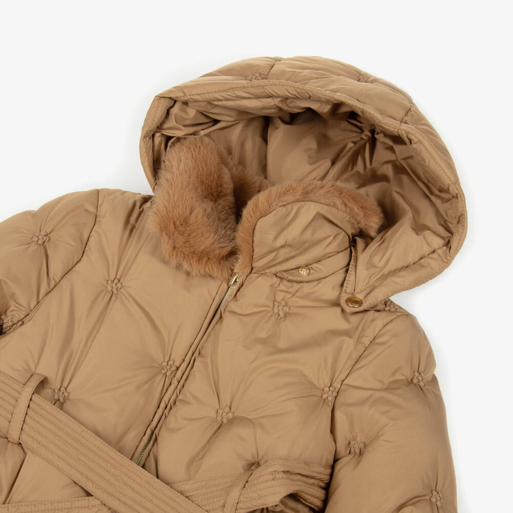 Abel & Lula-Girls Camel Brown Padded Coat with Faux Fur Collar | Childrensalon Outlet