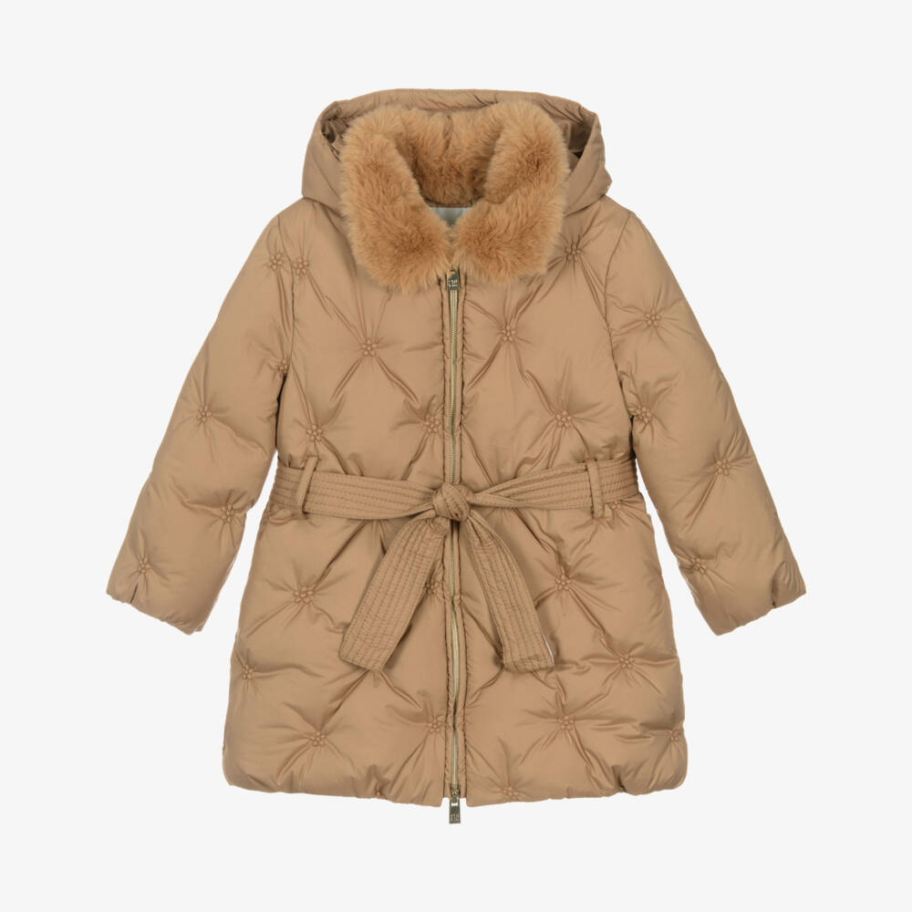 Abel & Lula-Girls Camel Brown Padded Coat with Faux Fur Collar | Childrensalon Outlet