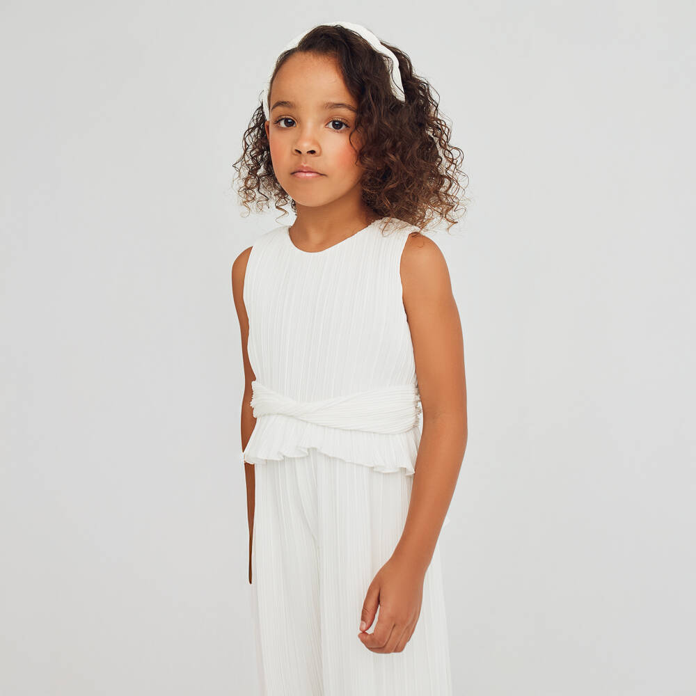 Abel & Lula-Girls Elegant Ivory Pleated Romper | Childrensalon Outlet