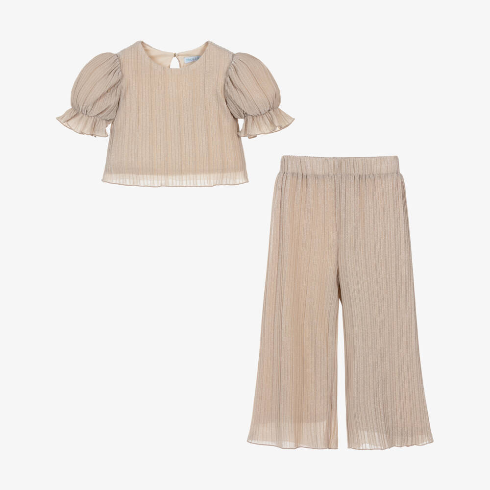 Abel & Lula-Girls Glittering Beige Pleated Set | Childrensalon Outlet
