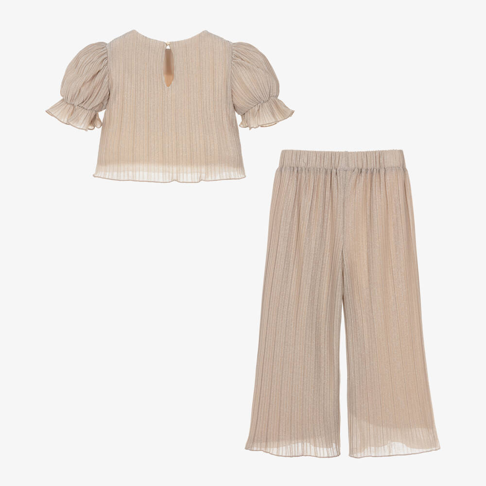 Abel & Lula-Girls Glittering Beige Pleated Set | Childrensalon Outlet
