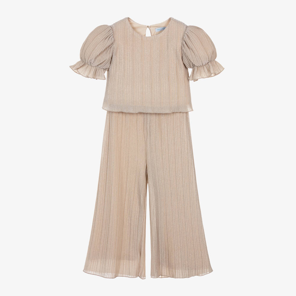 Abel & Lula-Girls Glittering Beige Pleated Set | Childrensalon Outlet