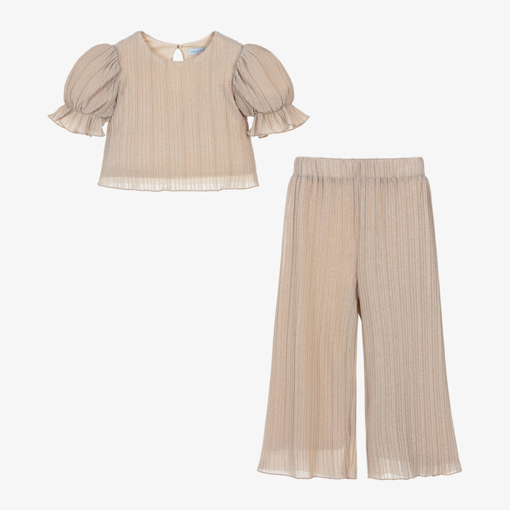 Abel & Lula-Girls Glittering Beige Pleated Set | Childrensalon Outlet