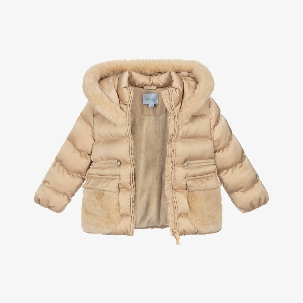Abel & Lula-Girls Gold Faux Fur Puffer Coat | Childrensalon Outlet