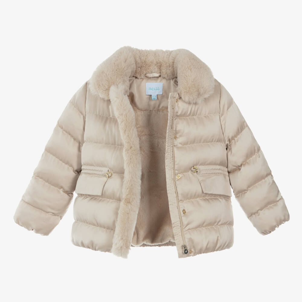 Abel & Lula-Girls Gold Faux Fur Trim Coat | Childrensalon Outlet