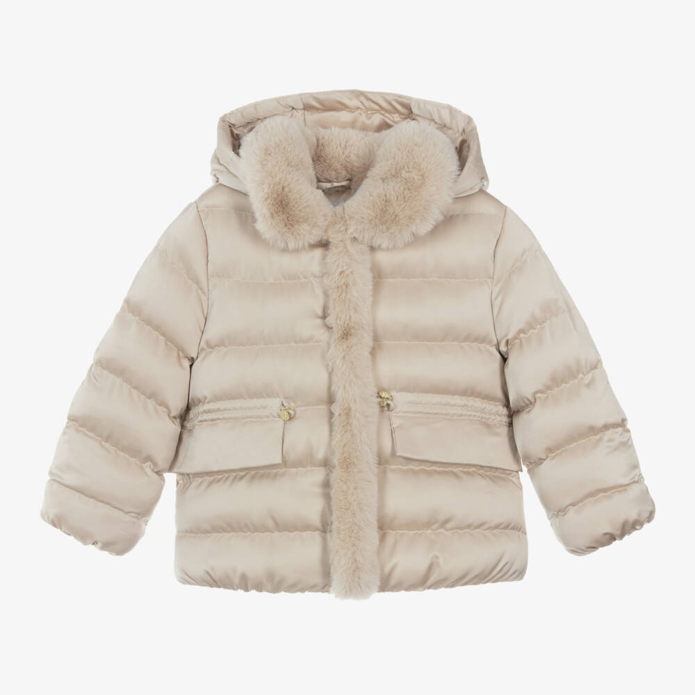 Abel & Lula-Girls Gold Faux Fur Trim Coat | Childrensalon Outlet