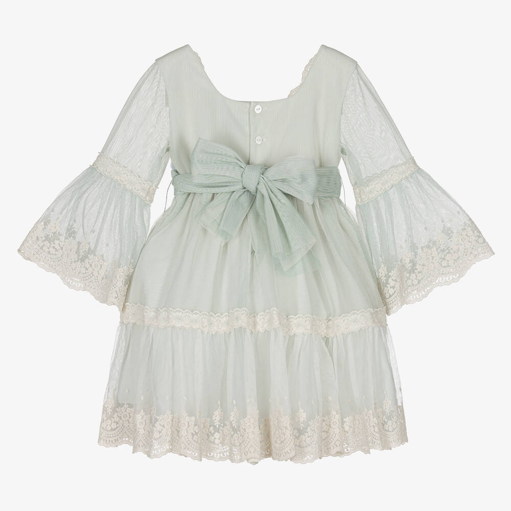 Abel & Lula-Girls Green & Ivory Embroidered Tulle Dress | Childrensalon Outlet