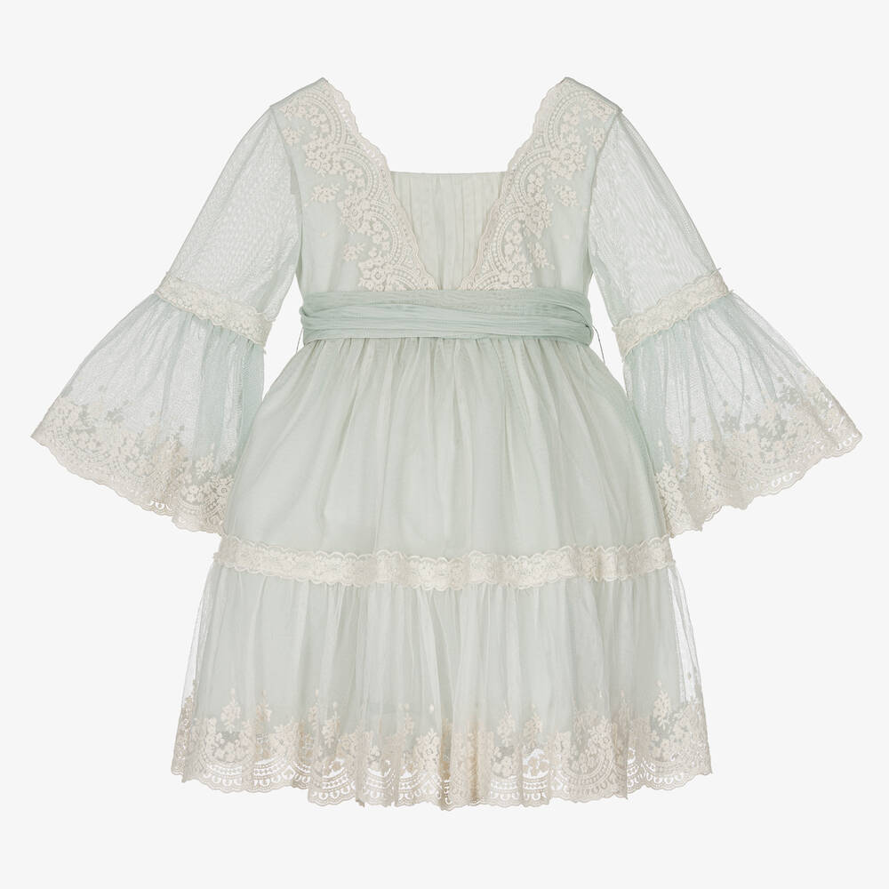 Abel & Lula - Girls Green & Ivory Embroidered Tulle Dress | Childrensalon