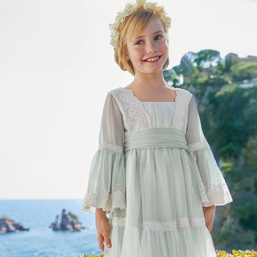 Abel & Lula - Girls Green & Ivory Embroidered Tulle Dress
