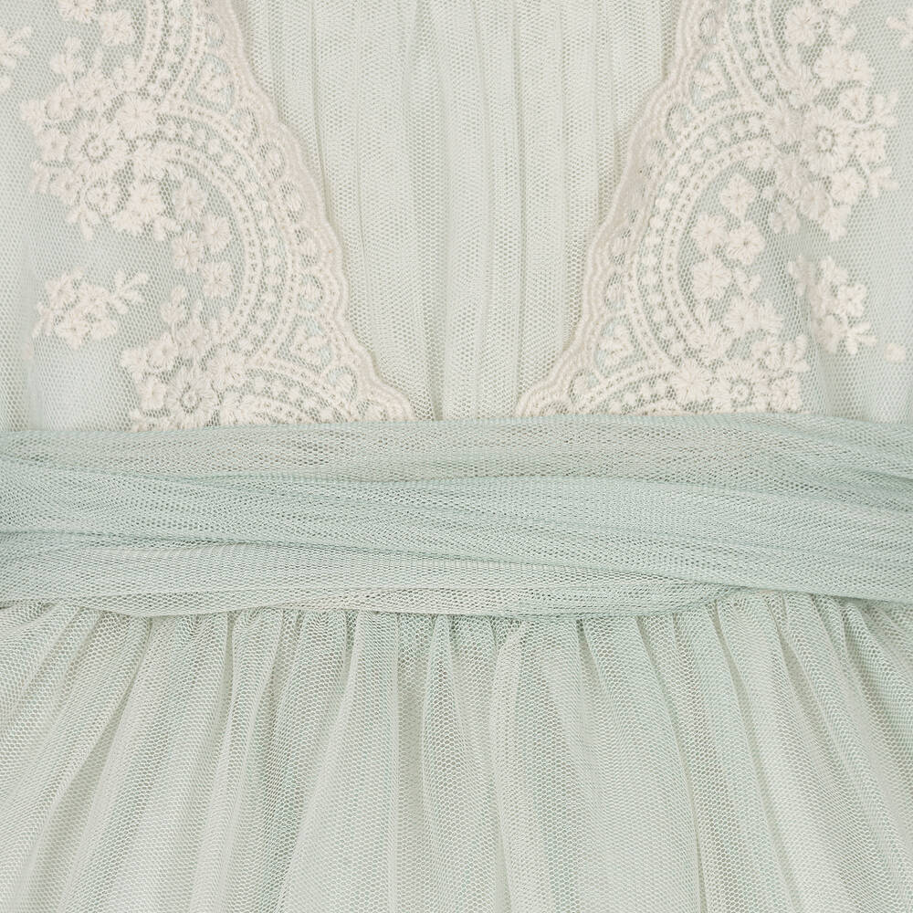 Abel & Lula-Girls Green & Ivory Embroidered Tulle Dress | Childrensalon Outlet