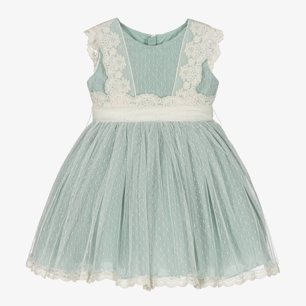 Abel & Lula - Girls Green & Ivory Tulle Dress | Childrensalon