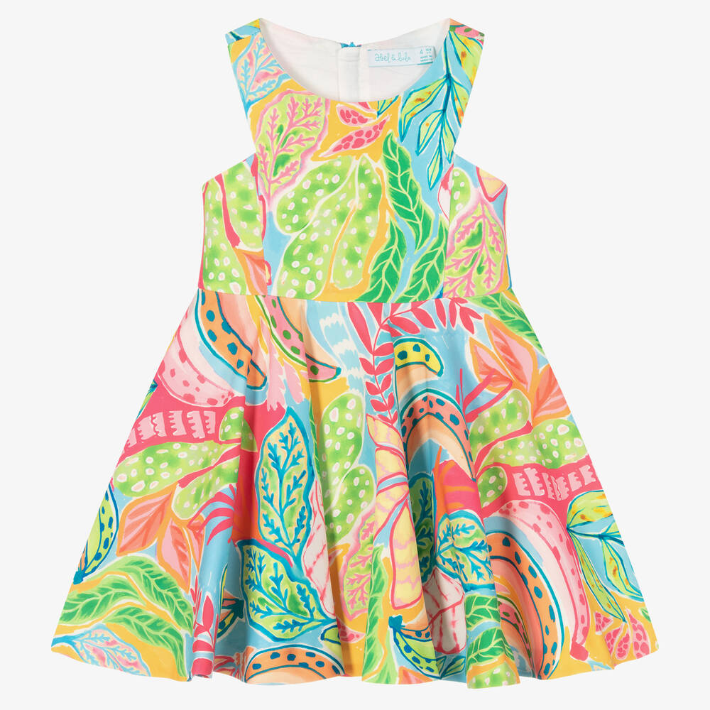 Abel & Lula - Girls Green & Pink Crêpe Dress | Childrensalon