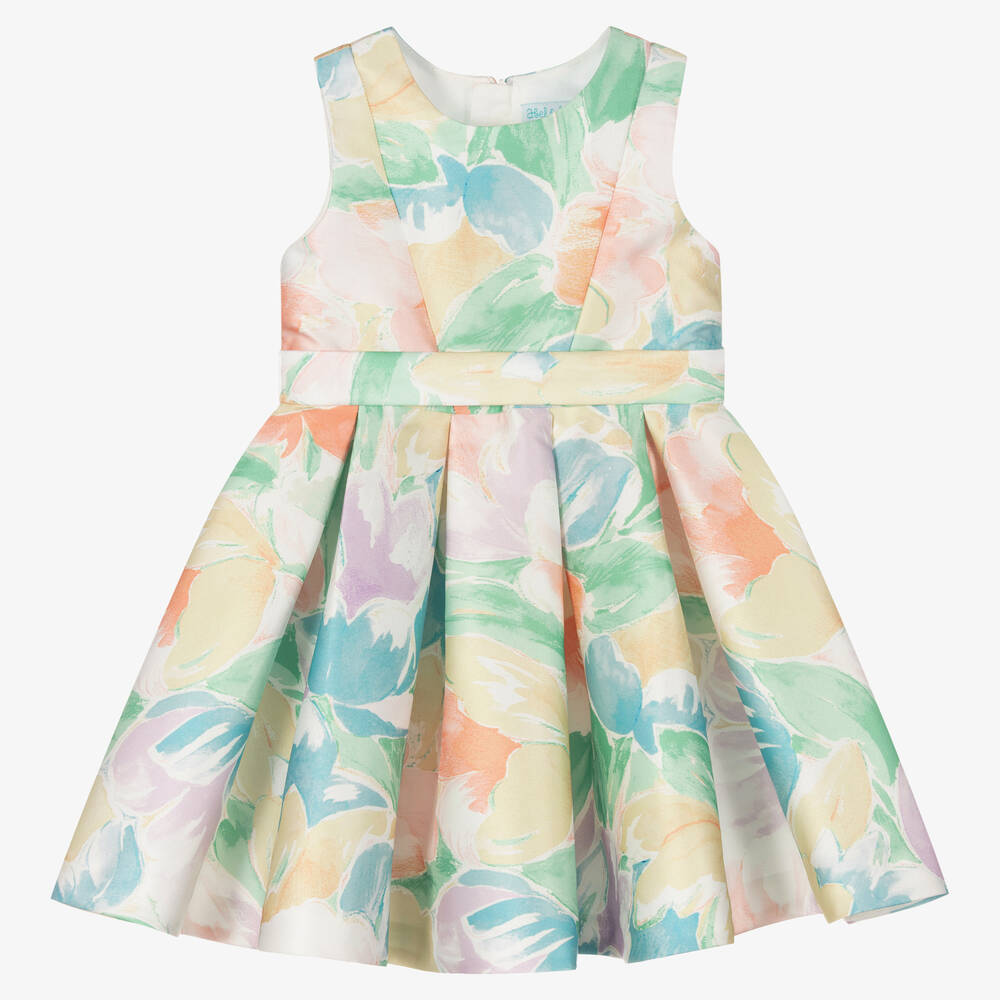 Abel & Lula - Girls Green & Pink Floral Satin Dress | Childrensalon