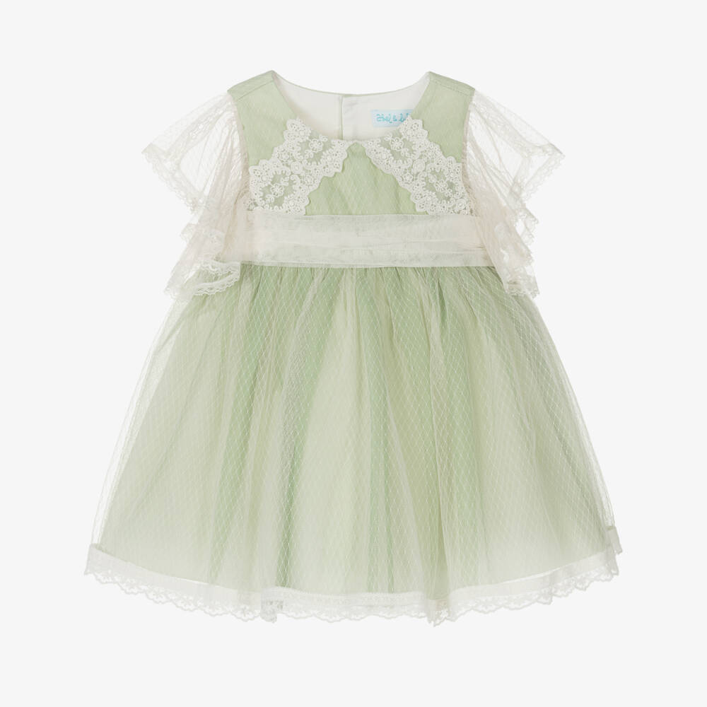 Abel & Lula-فستان أطفال بناتي تول ودانتيل لون أخضر وعاجي | Childrensalon Outlet