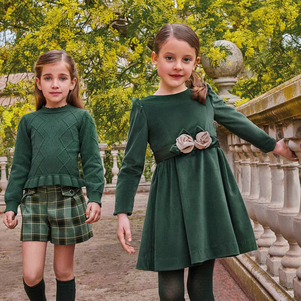 Abel & Lula-Girls Green Velvet Rose Dress | Childrensalon Outlet
